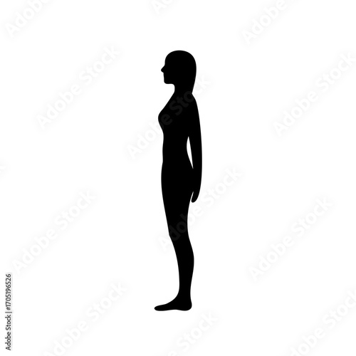 Silhouette of a woman standing facing sideways isolated on white background