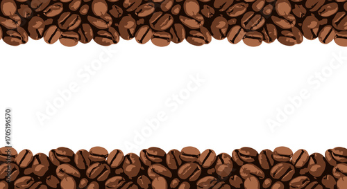 Roasted coffee beans border frame background.