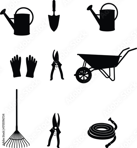 Black silhouette vector of essential gardening tools including shovels, pruning shears, and garden hoses arranged simply for outdoor garden maintenance.