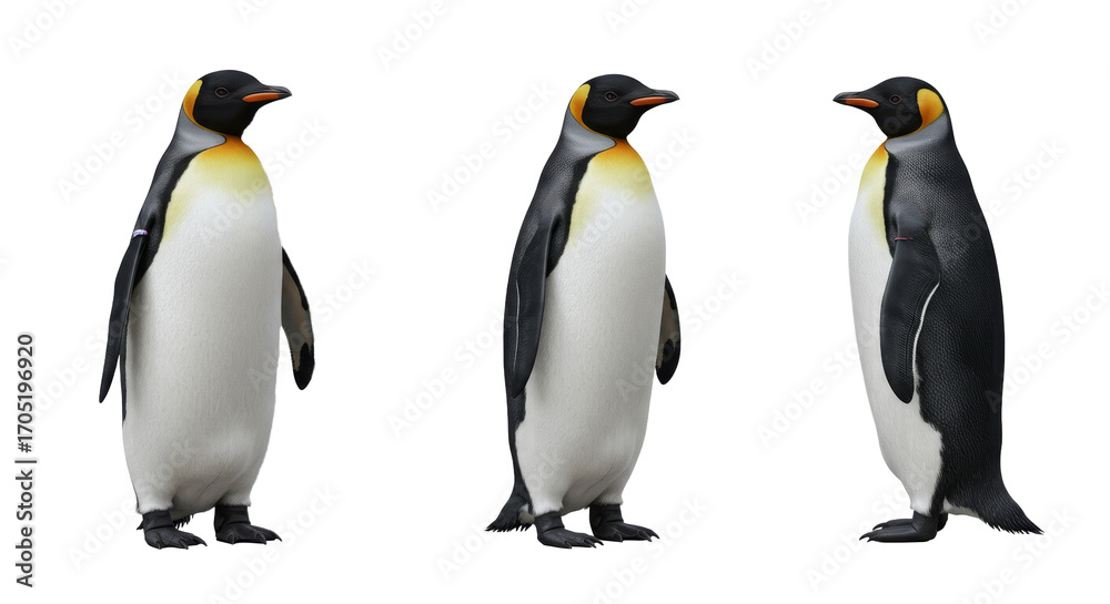 Fototapeta premium Three Penguins Standing on White Background Side by Side