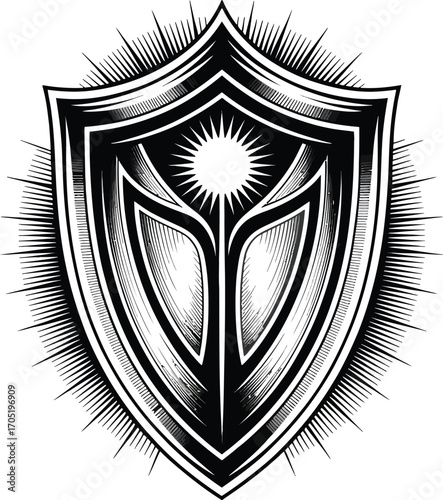 Black and white shield emblem with sunburst symbol