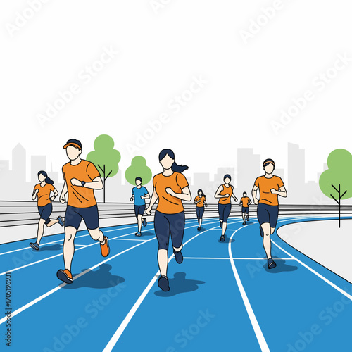 Group of runners competing in a race on a blue track with city skyline and trees in the background, vector illustration