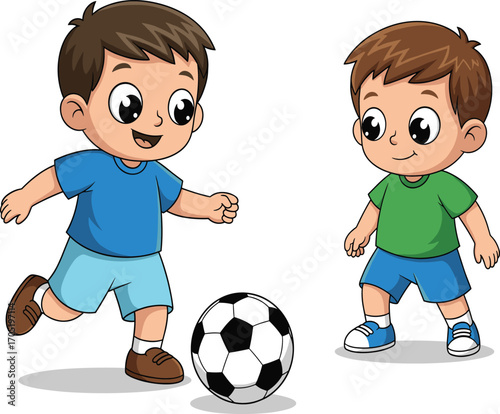 Boys playing soccer cartoon, kicking ball action, outdoor sports illustration, youth activity vector, cheerful game moment, athletic childrenBoys playing soccer cartoon, 