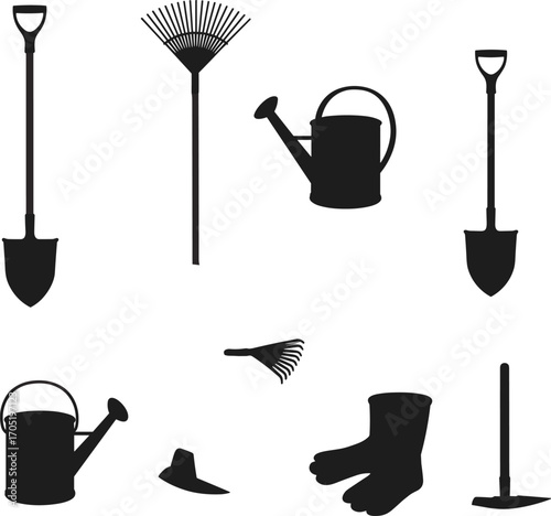 Black silhouette vector of essential gardening tools including shovels, watering can, pruning shears, garden hose, wheelbarrow, rake, gloves, and boots.