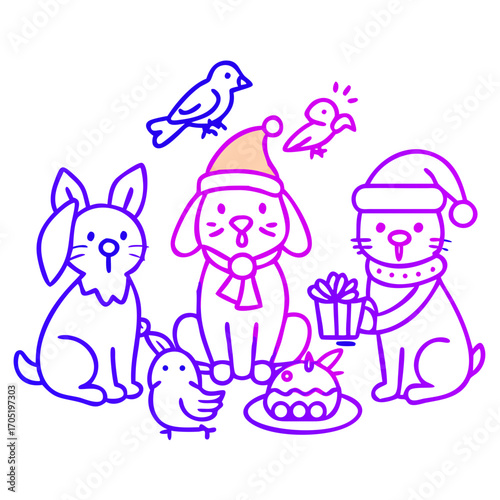 Cute cartoon animals including a dog cat and rabbit wearing santa hats and scarves with a gift and cake celebrating christmas