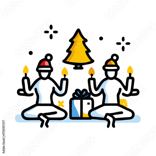 Stylized christmas scene with two figures holding candles and a festive tree celebrating the holiday spirit