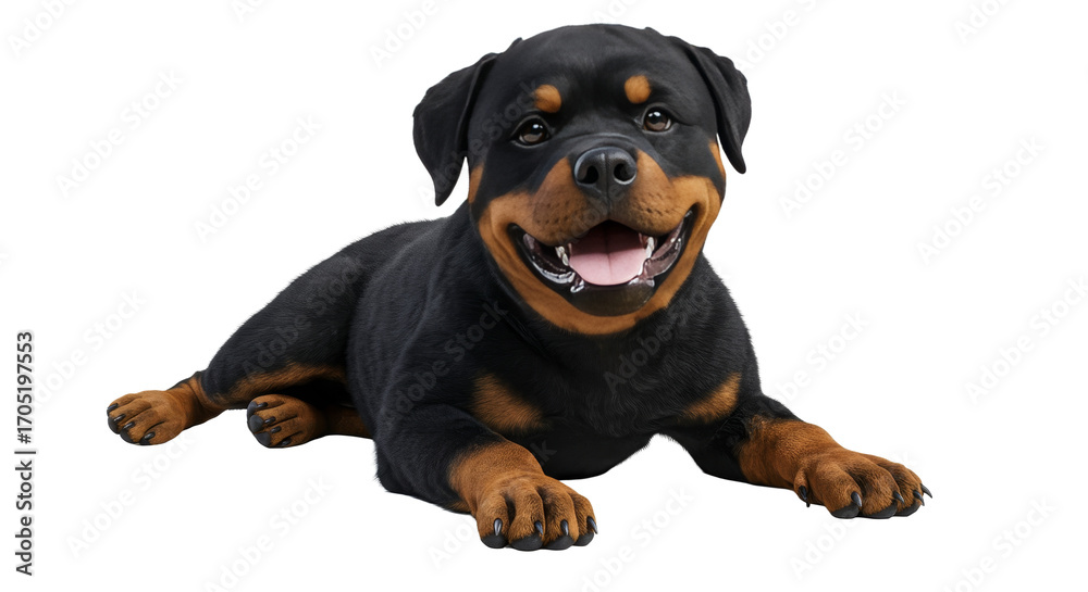 Fototapeta premium Dog Lying Down Smiling on White Background Studio Shot