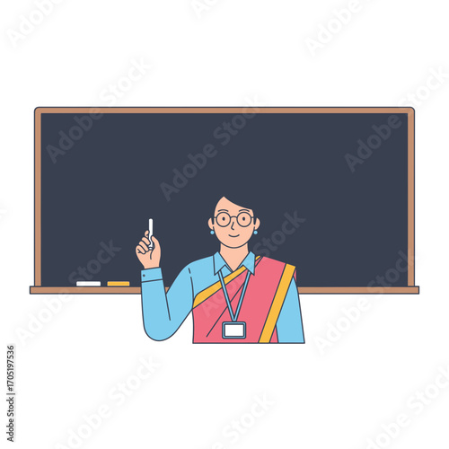 Illustration of a smiling teacher with chalk in hand standing in front of a blackboard in a classroom