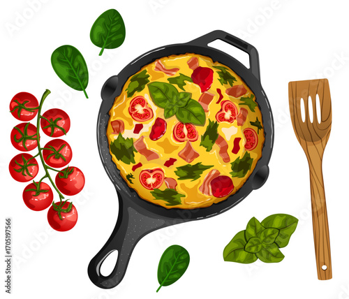 Italian Frittata in Skillet with Ingredients Scattered around Cherry Tomatoes on Vein, Spinach, Basil Leaves and Wooden Spatula - Omelet Recipe Illustration