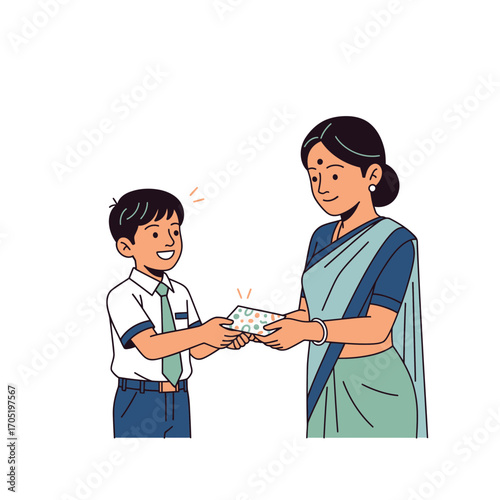 Illustration of a smiling schoolboy giving a gift to a teacher in traditional Indian attire, symbolizing gratitude and respect