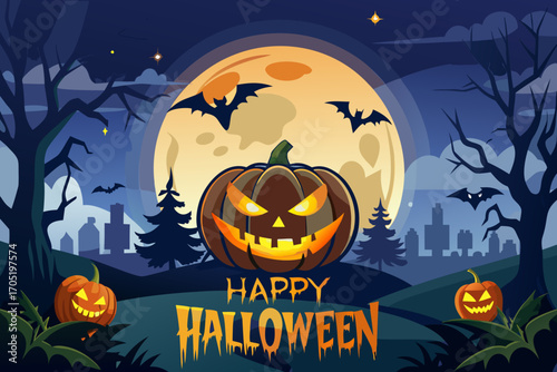 Happy halloween illustration with spooky pumpkin and bats flying in the night