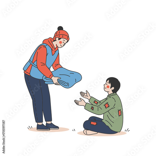 Illustration of a volunteer giving a blanket to a homeless person offering warmth and support in a compassionate act of kindness