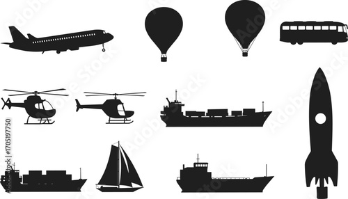 Black vector silhouettes of different transportation modes including airplanes, hot air balloons, buses, helicopters, cargo ships, sailboats, and rockets on white background