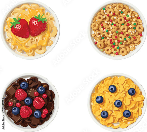 Breakfast bowl vector set, cereal pasta chocolate cornflakes, fruit topping clipart, healthy food illustration, morning meal design elements