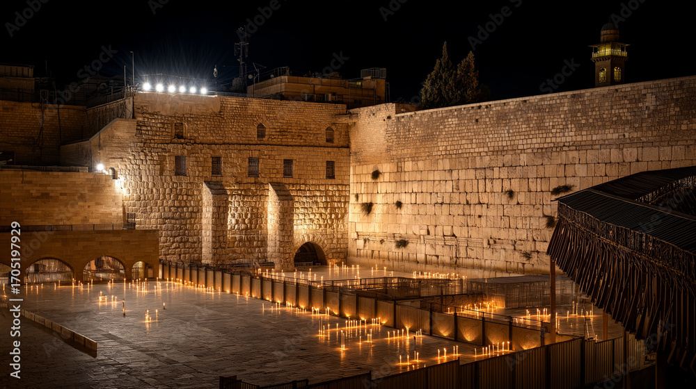 Obraz premium Western Wall illuminated with Candles in Jerusalem at Night Holy Landmark