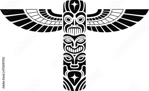 Black and white stylized totem pole with multiple faces and wings