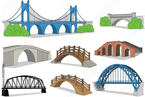 Bridge architecture vector set, suspension arch beam truss styles, construction design clipart, engineering reference, infrastructure icons, structural elements