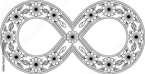 Black and white infinity symbol with floral and leaf pattern