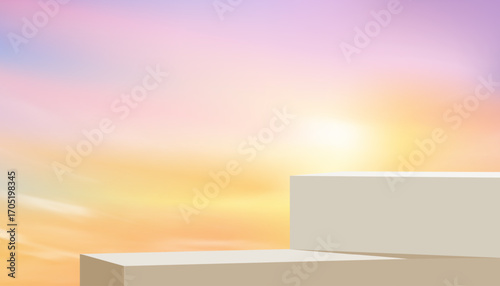 Minimal 3D podium with soft pastel gradient sky at sunset, abstract background for product display, presentation template, stage design, or modern showcase