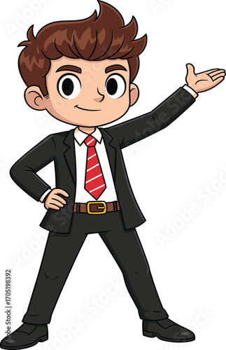 Business presenter cartoon, confident character in suit and tie, formal gesture illustration, professional vector, promotional and educational asset