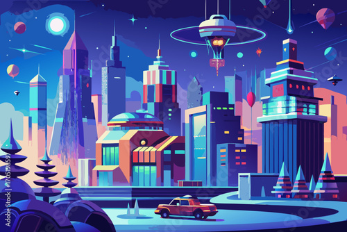 Vibrant futuristic cityscape at night with flying cars and colorful buildings under a starry sky