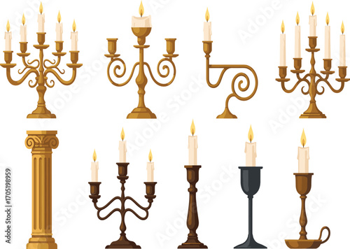 Candle holder vector set, ornate candelabra clipart, vintage and modern styles, interior decor icons, lighting design illustration assets