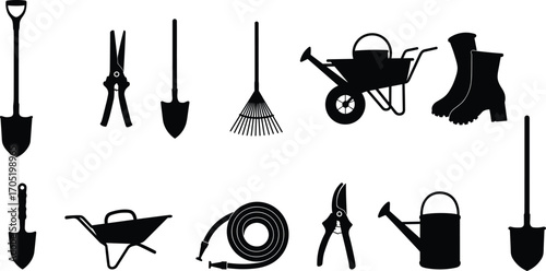 Vector black silhouette illustration of gardening tools including shovels, rakes, pruning shears, watering cans, wheelbarrow, garden hose, and garden pickaxe.