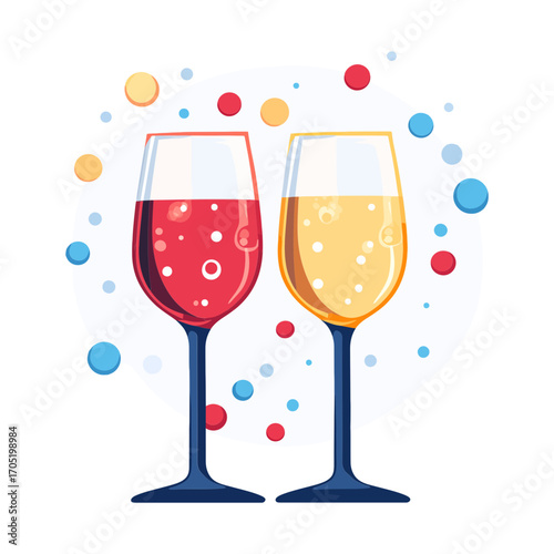 A colorful icon of two clinking glasses of red and white wine surrounded by bubbles, perfect for websites or blogs about parties, celebrations, or restaurants. The icon has a modern, flat style.

