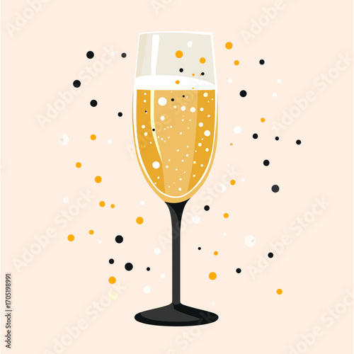 A stylized, flat vector illustration of a glass of sparkling champagne with confetti floating around it for content about celebrations, holidays, New Year's Eve, or parties.
