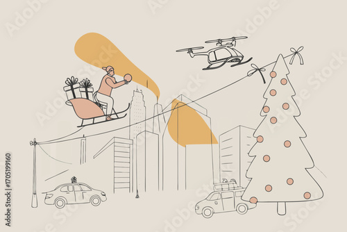 Modern santa claus delivering gifts via helicopter and sleigh over city skyline with christmas tree and vehicles
