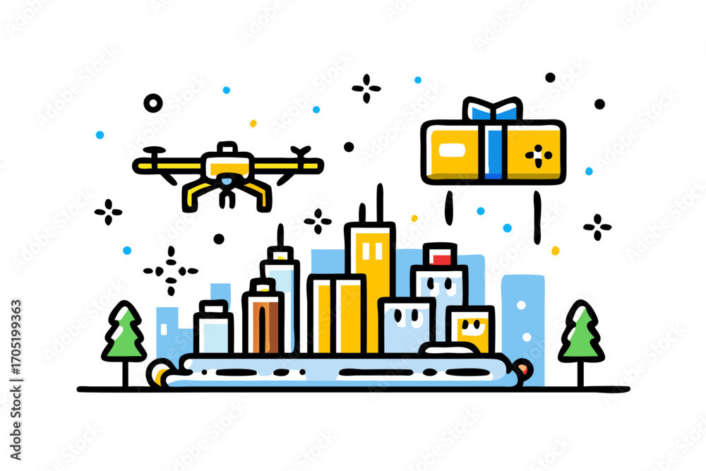Fototapeta premium Drone delivering a gift package over a stylized city skyline with trees and floating dots representing snow or confetti