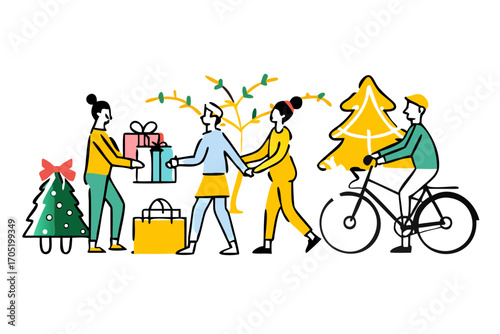 Happy people exchanging gifts and decorating a christmas tree with a bicycle nearby on a black background