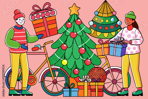Joyful christmas scene with two people exchanging gifts near decorated trees and bicycles conveying holiday spirit and celebration