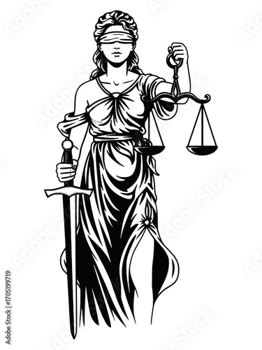Lady Justice holding scales and sword, a symbol of law and order