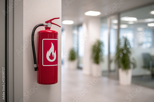 Wallpaper Mural Clean modern wall featuring extinguisher and warning AI generative Torontodigital.ca