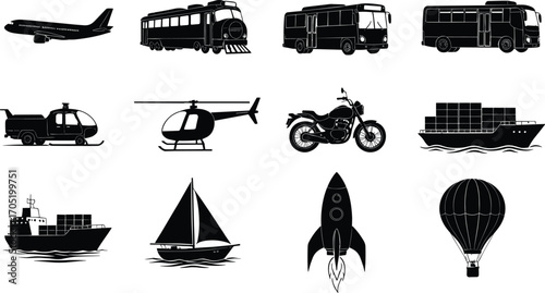 Vector Set of Transportation Vehicle Silhouettes – Air, Land, and Sea Travel Icons Including Plane, Train, Bus, Ship, Rocket, and More