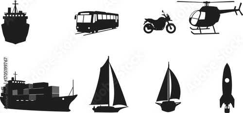 Vector set of black silhouette transportation icons including cargo ship, bus, motorcycle, helicopter, sailboats, and rocket on a white background for design.