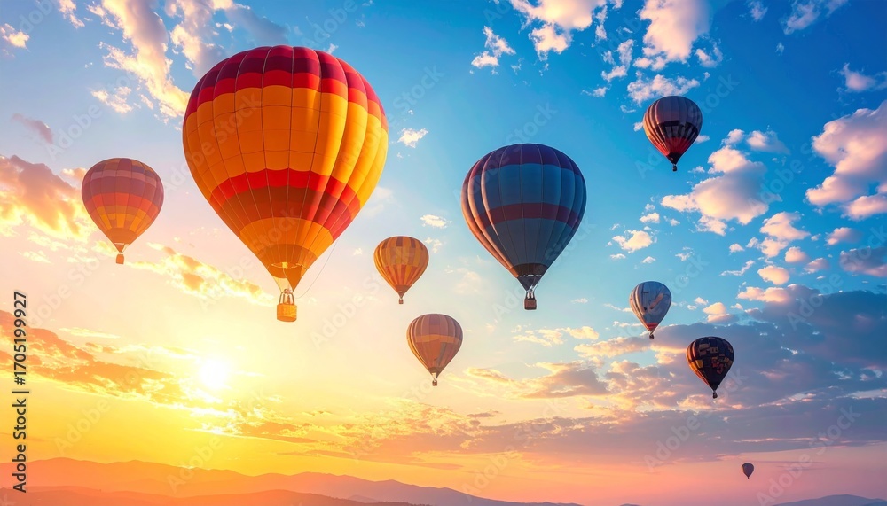 Fototapeta premium A hot air balloon with a colorful red, yellow, and blue design flies high in the sky, offering a fun adventure