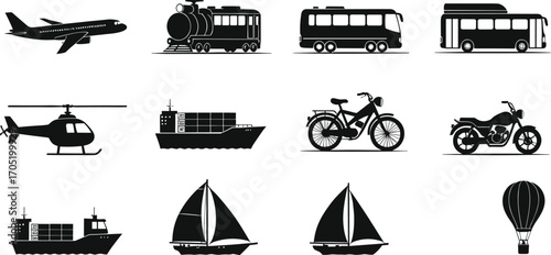Vector Silhouettes of Land, Air, and Sea Transport Icons – Includes Bus, Train, Airplane, Bicycle, Ship, Helicopter, Sailboat, and Hot Air Balloon