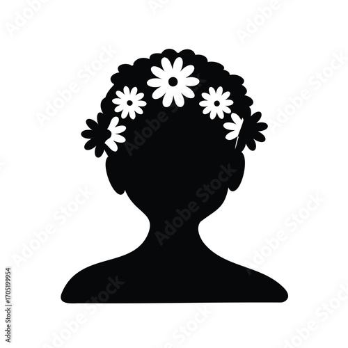 Silhouette of a head with a flower crown, representing summer and beauty