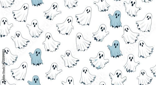 Seamless pattern featuring cute cartoon ghosts in various poses, perfect for Halloween-themed designs