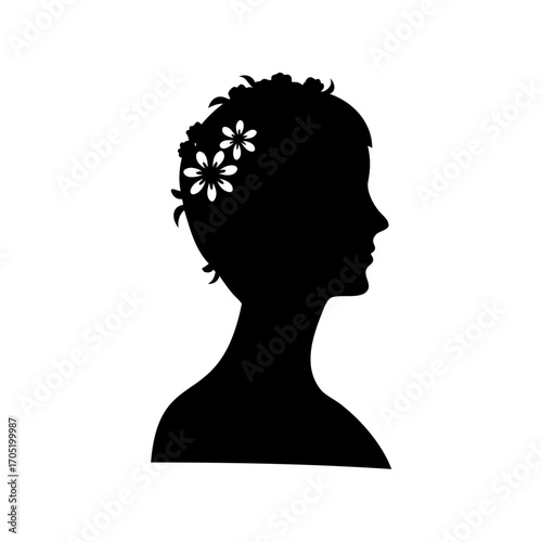 Silhouette of a woman with floral decorations in her hair profile view