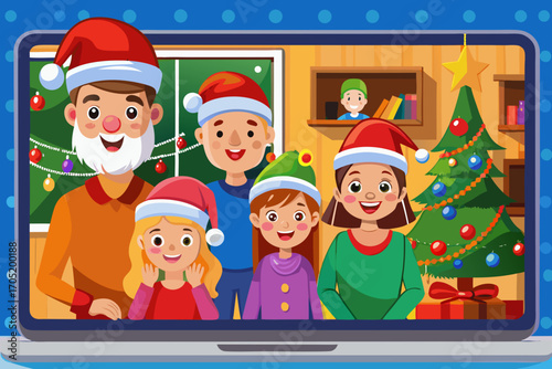 Happy cartoon family wearing santa hats and christmas sweaters celebrating the holidays together on a video call