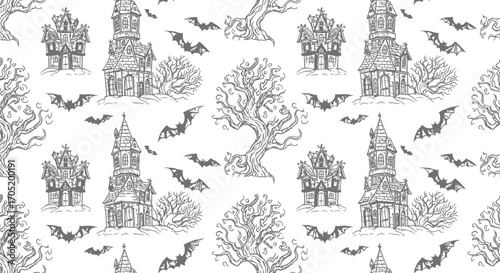 Seamless pattern featuring spooky haunted houses, bare trees, and bats in a vintage, hand-drawn style
