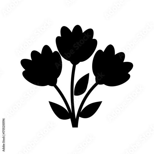 Black silhouette of three flowers with stems and leaves on white background