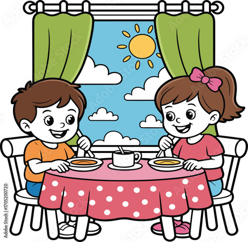 Cartoon children eating soup at table, cheerful mealtime illustration, home dining scene, happy kids, breakfast or lunch concept