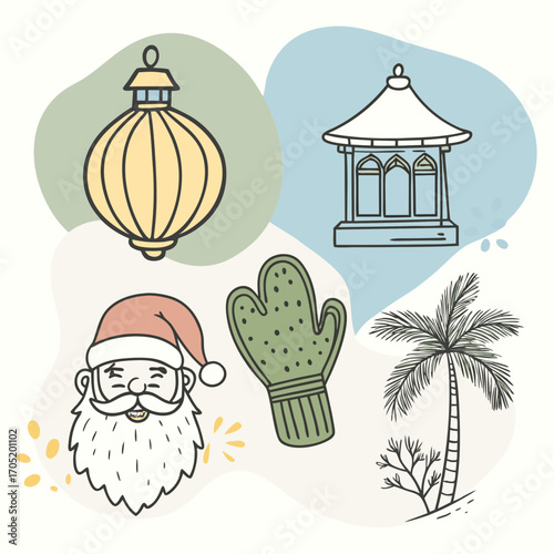Vector Christmas design with a set of birds in a cage decorated with a star and a gift box