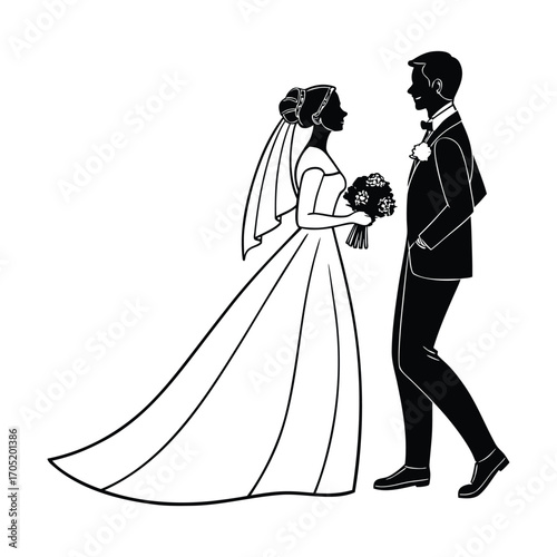 Married couple in love, a bride and groom on a white background with a beautiful wedding dress and veil