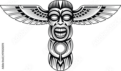 Black and white tribal totem pole with wings graphic