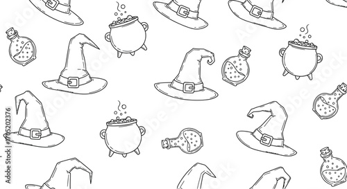 Seamless pattern of witch hats, cauldrons and potions halloween vector illustration in doodle style for textile